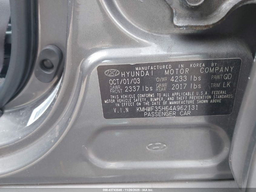 2004 Hyundai Sonata Gls/Lx VIN: KMHWF35H64A962131 Lot: 43743546