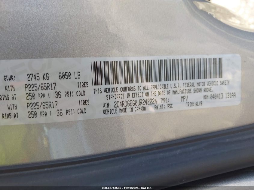 2018 Dodge Grand Caravan Gt VIN: 2C4RDGEG0JR242224 Lot: 43743565