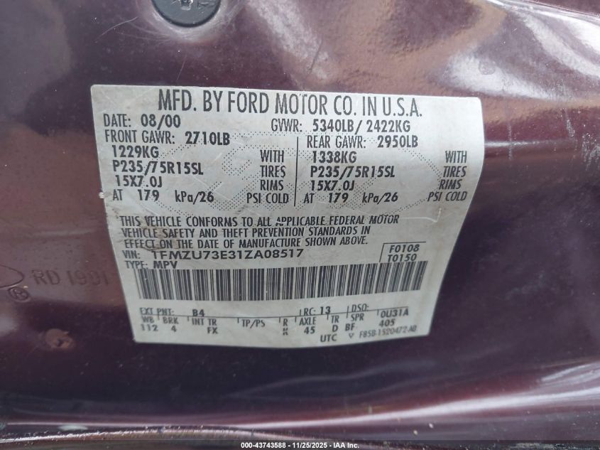 2001 Ford Explorer Xlt VIN: 1FMZU73E31ZA08517 Lot: 43743588