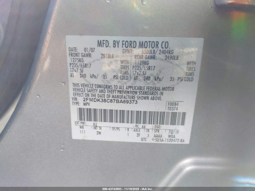 2007 Ford Edge Sel VIN: 2FMDK38C87BA69373 Lot: 43743593