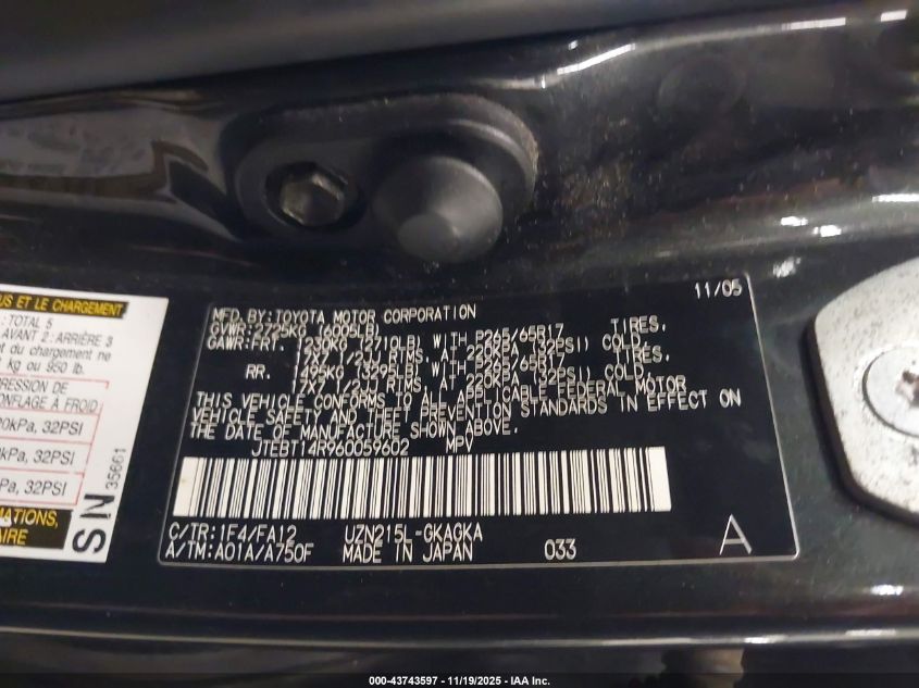 2006 Toyota 4Runner Sr5 V8 VIN: JTEBT14R960059602 Lot: 43743597