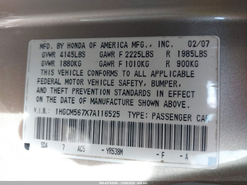 2007 Honda Accord 2.4 Ex VIN: 1HGCM567X7A116525 Lot: 43743598