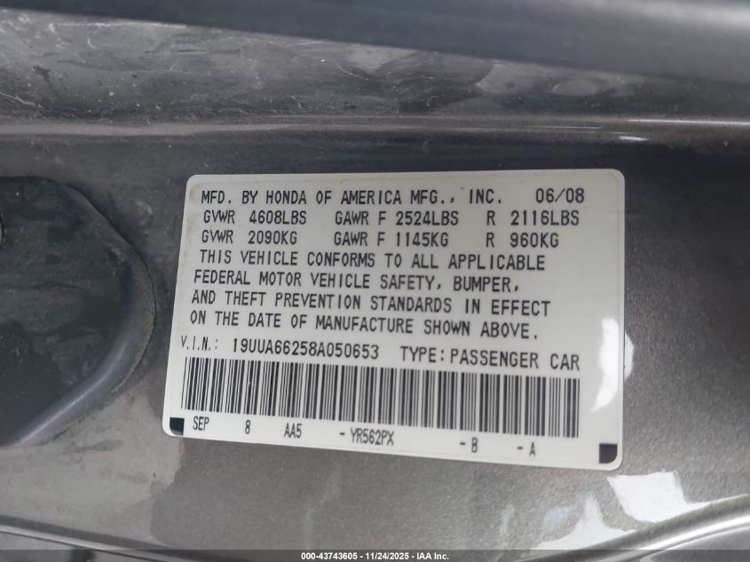 2008 Acura Tl 3.2 VIN: 19UUA66258A050653 Lot: 43743605