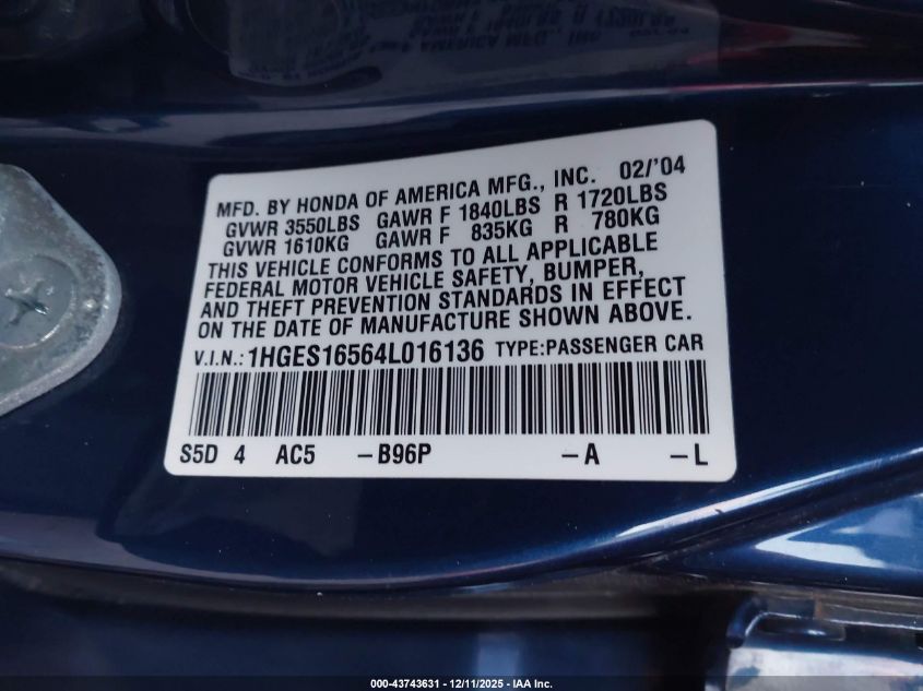2004 Honda Civic Lx VIN: 1HGES16564L016136 Lot: 43743631