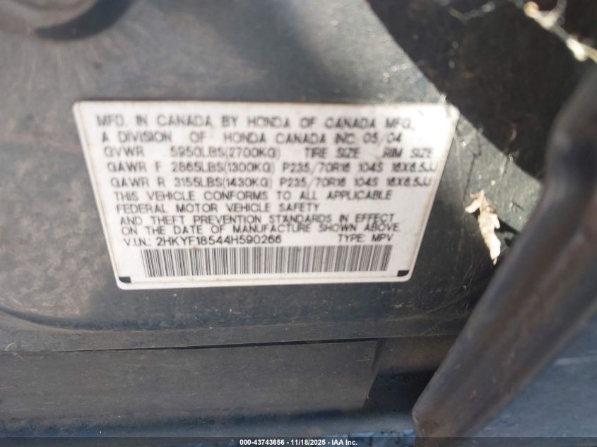 2004 Honda Pilot Ex-L VIN: 2HKYF18544H590266 Lot: 43743656