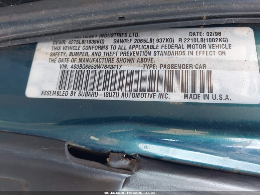 1998 Subaru Legacy Outback/Outback Limited/Outback Sport VIN: 4S3BG6853W7643417 Lot: 43743660