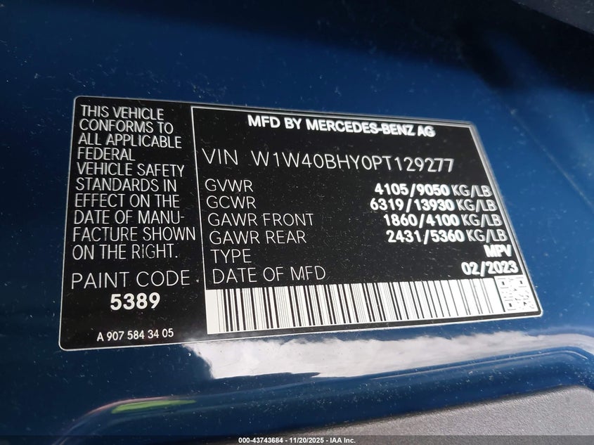 2023 Mercedes-Benz Sprinter 2500 Standard Roof 4-Cyl Gas VIN: W1W40BHY0PT129277 Lot: 43743684