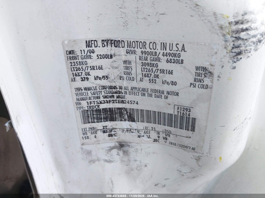2001 Ford F-350 Lariat/Xl/Xlt VIN: 1FTSX31F21EB24574 Lot: 43743685