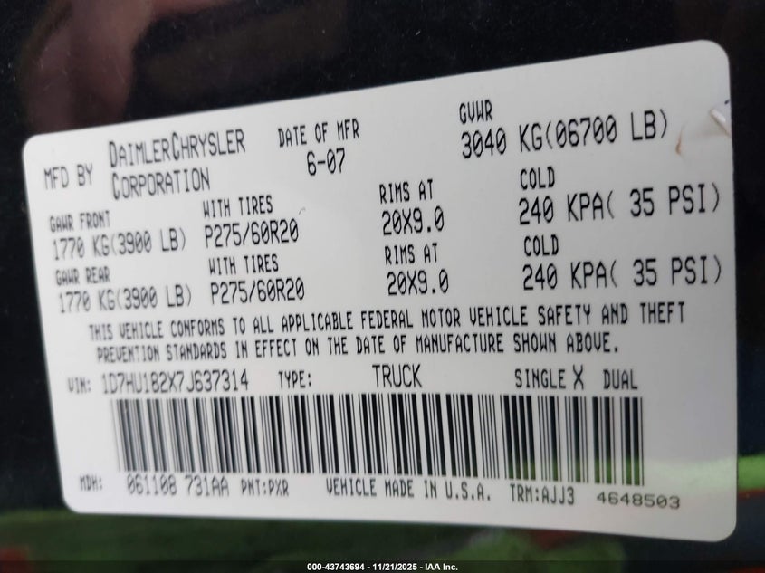 2007 Dodge Ram 1500 Slt/Trx4 Off Road/Sport VIN: 1D7HU182X7J637314 Lot: 43743694