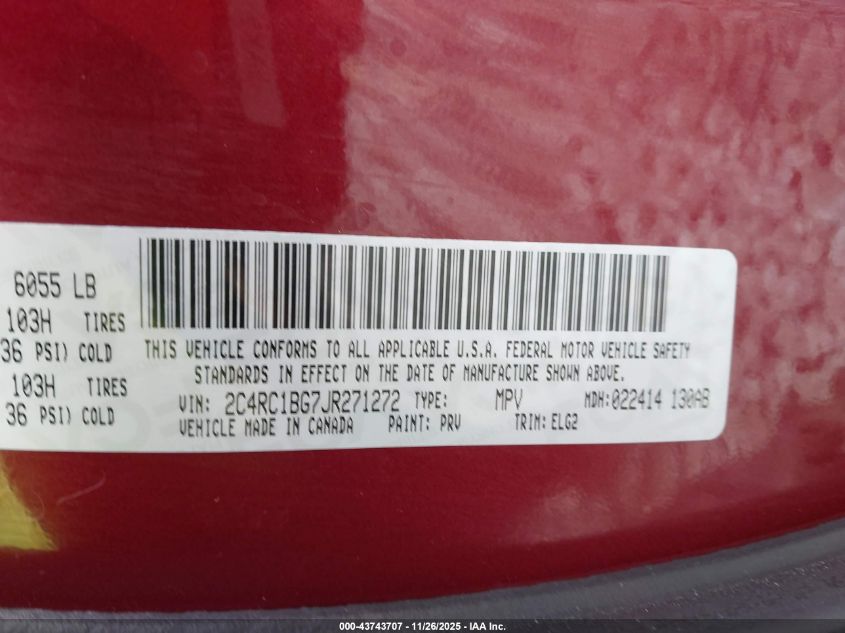 2018 Chrysler Pacifica Touring L VIN: 2C4RC1BG7JR271272 Lot: 43743707