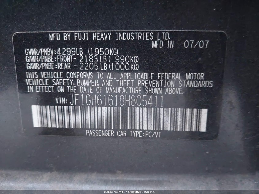 2008 Subaru Impreza 2.5I VIN: JF1GH61618H805411 Lot: 43743714