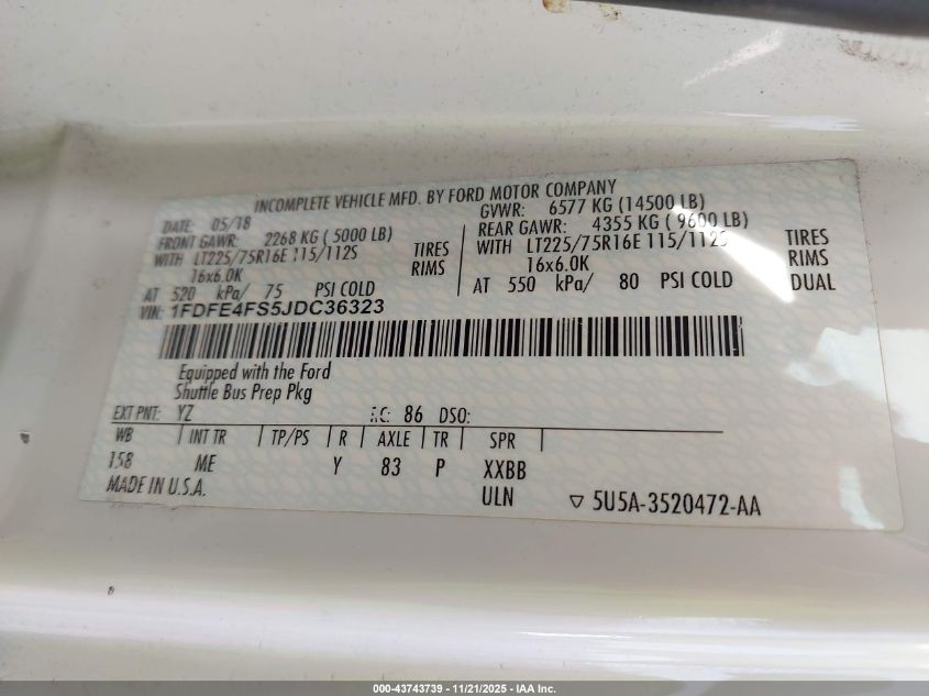 2018 Ford E-450 Cutaway VIN: 1FDFE4FS5JDC36323 Lot: 43743739