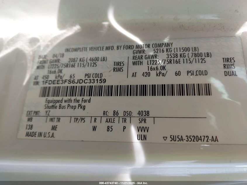 2018 Ford E-350 Cutaway VIN: 1FDEE3FS6JDC33159 Lot: 43743740