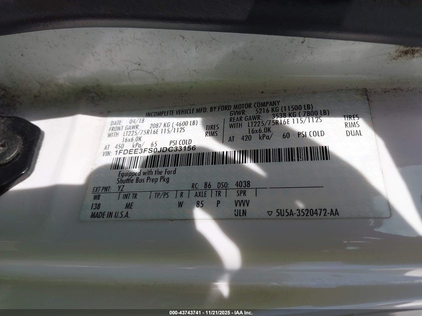 2018 Ford E-350 Cutaway VIN: 1FDEE3FS0JDC33156 Lot: 43743741