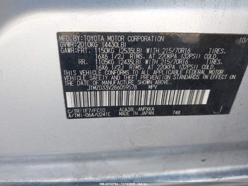 2008 Toyota Rav4 VIN: JTMZD33V286059578 Lot: 43743764