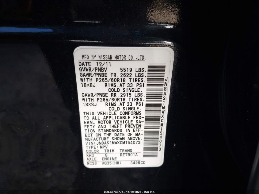 2012 Infiniti Fx35 VIN: JN8AS1MWXCM154073 Lot: 43743775