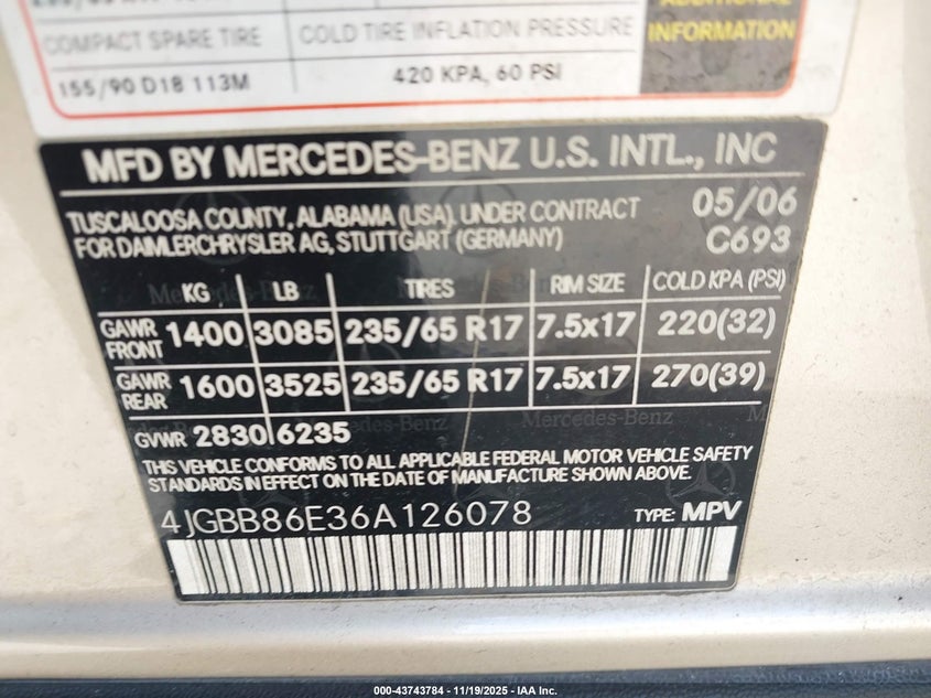 2006 Mercedes-Benz Ml 350 4Matic VIN: 4JGBB86E36A126078 Lot: 43743784