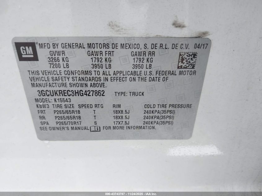 2017 Chevrolet Silverado 1500 2Lt VIN: 3GCUKREC3HG427862 Lot: 43743787