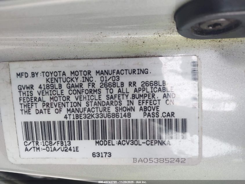 2003 Toyota Camry Le VIN: 4T1BE32K33U686148 Lot: 43743789