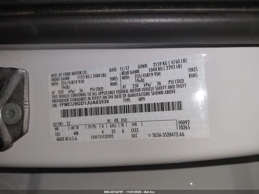 2018 Ford Escape Se VIN: 1FMCU9GD1JUA83538 Lot: 43743797