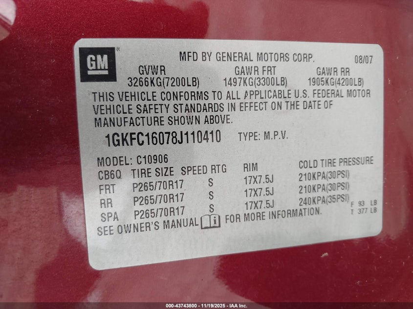 2008 GMC Yukon Xl 1500 Slt VIN: 1GKFC16078J110410 Lot: 43743800
