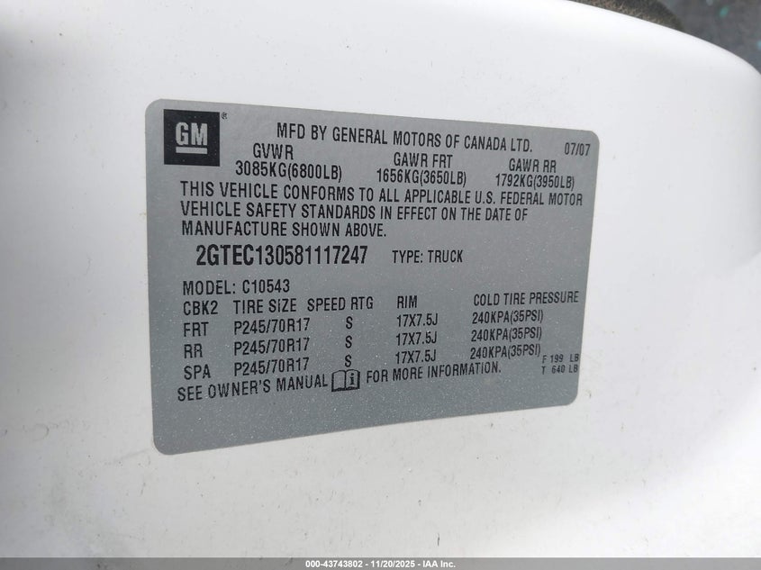 2008 GMC Sierra 1500 Sle1 VIN: 2GTEC130581117247 Lot: 43743802