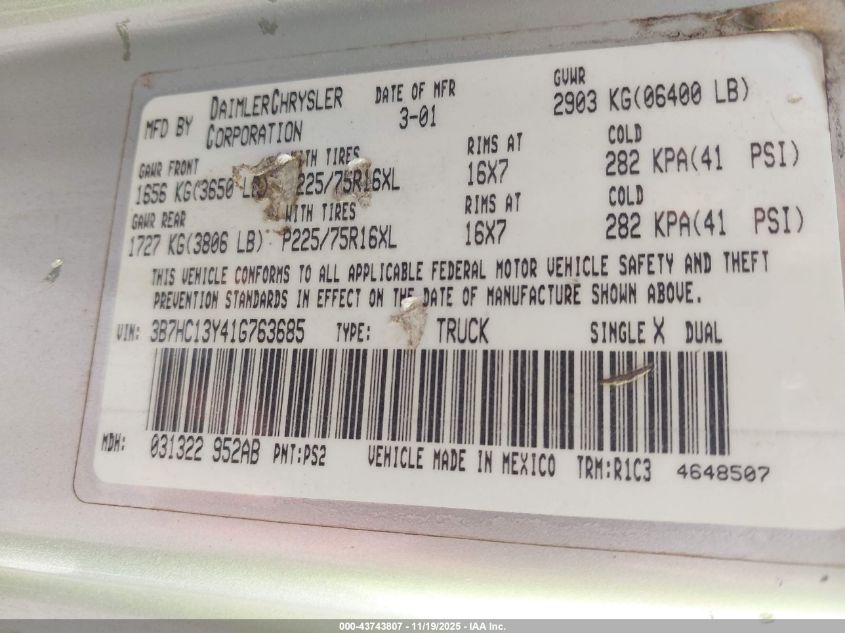 2001 Dodge Ram 1500 St VIN: 3B7HC13Y41G763685 Lot: 43743807