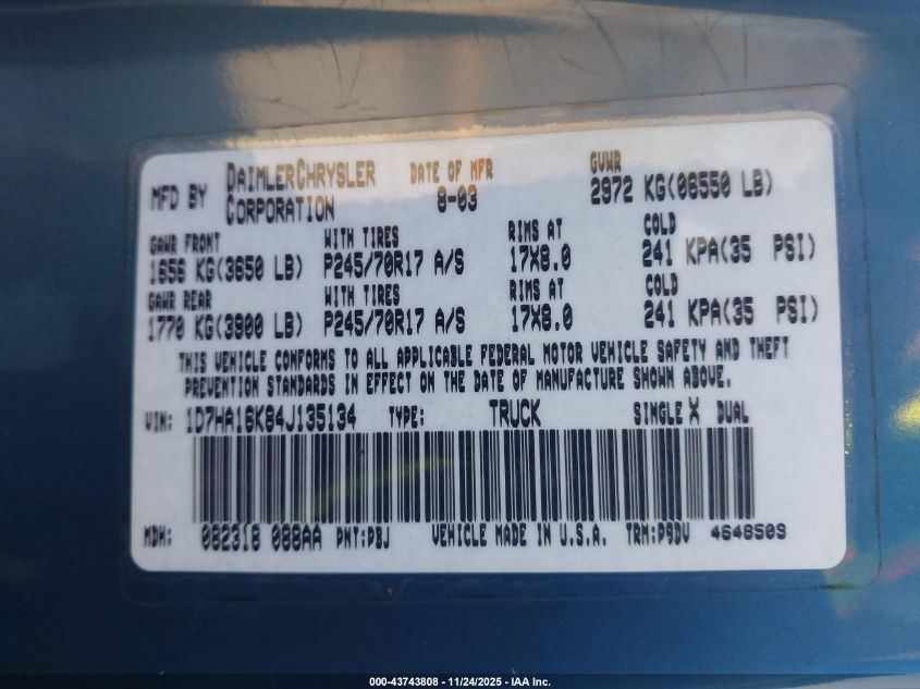 2004 Dodge Ram 1500 St VIN: 1D7HA16K84J135134 Lot: 43743808