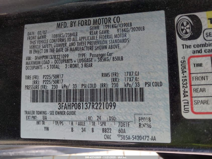 2007 Ford Fusion Sel VIN: 3FAHP08137R221099 Lot: 43743809