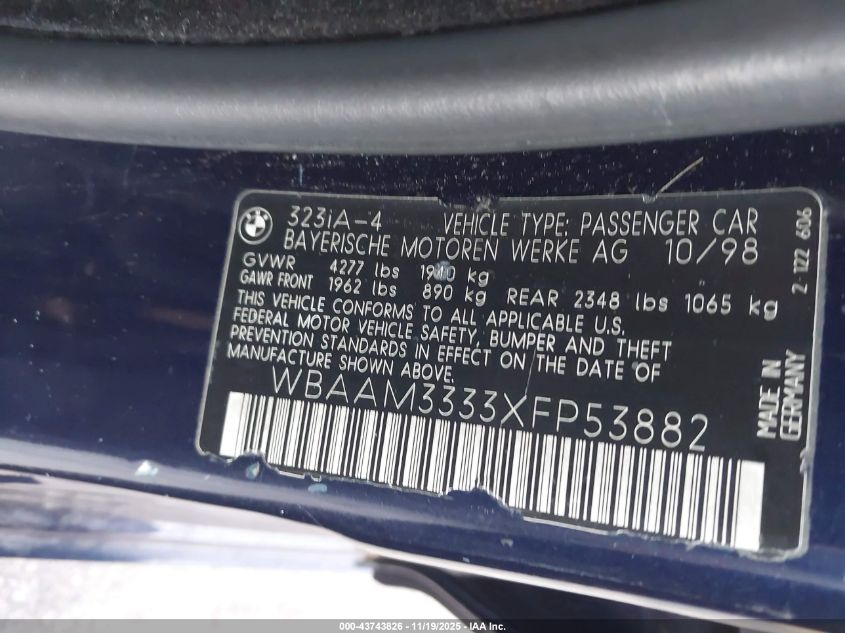 1999 BMW 323I VIN: WBAAM3333XFP53882 Lot: 43743826