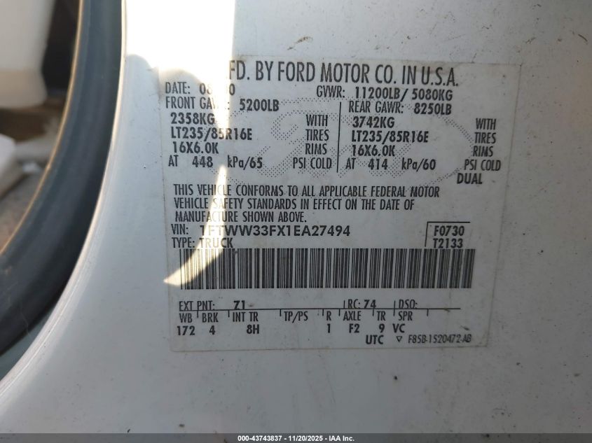 2001 Ford F-350 Lariat/Xl/Xlt VIN: 1FTWW33FX1EA27494 Lot: 43743837