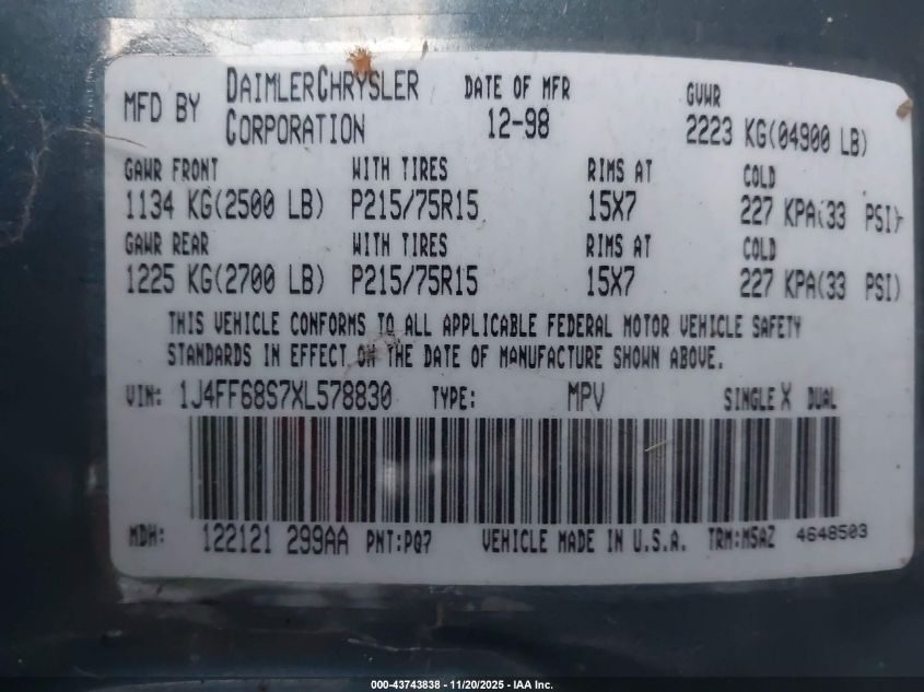 1999 Jeep Cherokee Classic/Sport VIN: 1J4FF68S7XL578830 Lot: 43743838