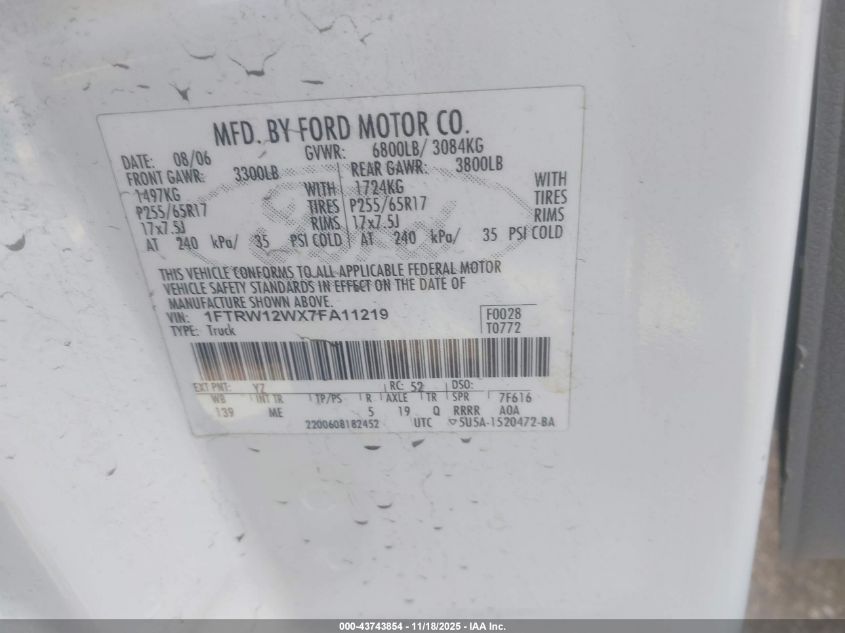 2007 Ford F-150 Xlt VIN: 1FTRW12WX7FA11219 Lot: 43743854