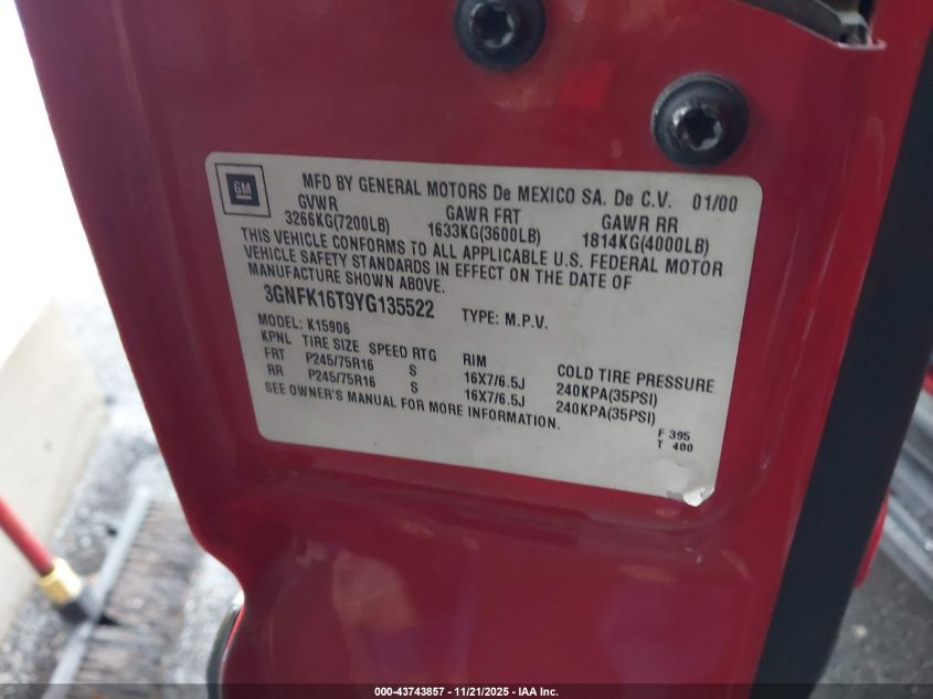 2000 Chevrolet Suburban 1500 Ls VIN: 3GNFK16T9YG135522 Lot: 43743857