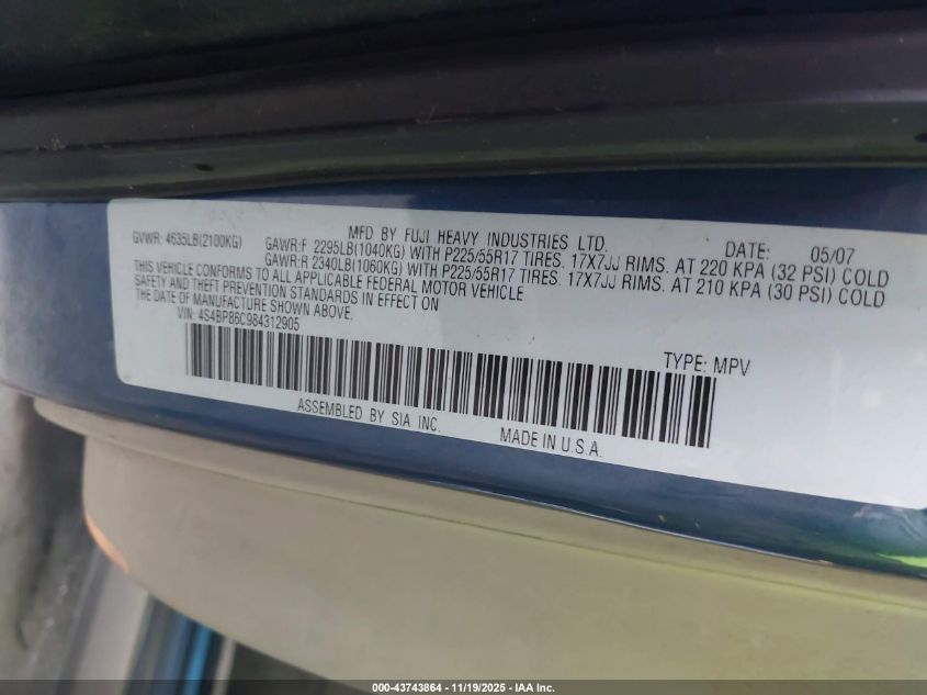 2008 Subaru Outback 3.0R L.l. Bean Edition VIN: 4S4BP86C984312905 Lot: 43743864