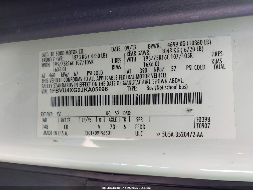 2018 Ford Transit-350 Xlt VIN: 1FBVU4XG0JKA05696 Lot: 43743880