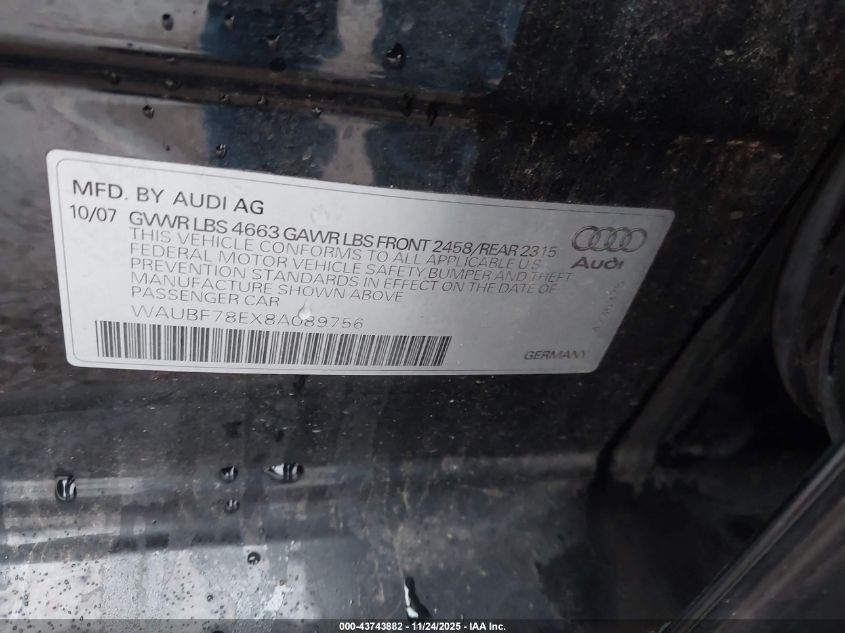 2008 Audi A4 2.0T/2.0T Special Edition VIN: WAUBF78EX8A089756 Lot: 43743882