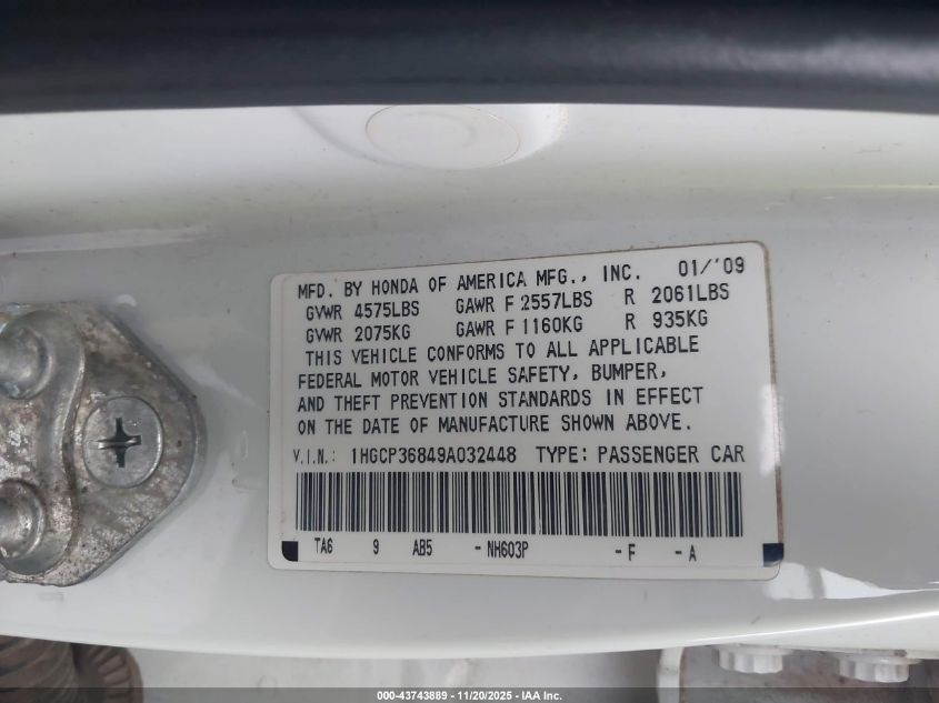 2009 Honda Accord 3.5 Ex-L VIN: 1HGCP36849A032448 Lot: 43743889