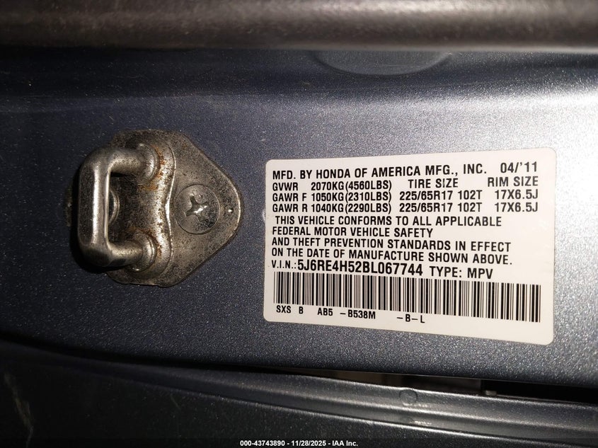 2011 Honda Cr-V Ex VIN: 5J6RE4H52BL067744 Lot: 43743890