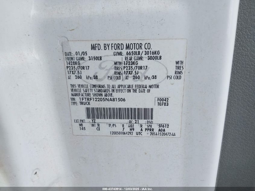 2005 Ford F-150 Stx/Xl/Xlt VIN: 1FTRF12205NA81506 Lot: 43743914