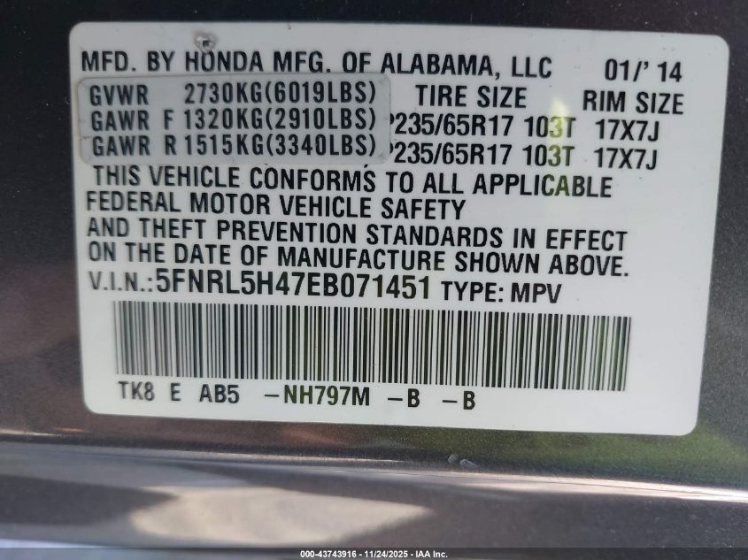 2014 Honda Odyssey Ex VIN: 5FNRL5H47EB071451 Lot: 43743916