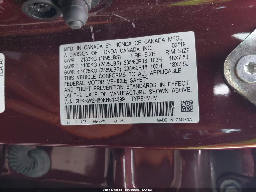2019 Honda Cr-V Ex-L VIN: 2HKRW2H80KH614399 Lot: 43743918