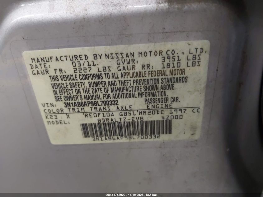 2011 Nissan Sentra 2.0Sr VIN: 3N1AB6AP9BL700332 Lot: 43743920