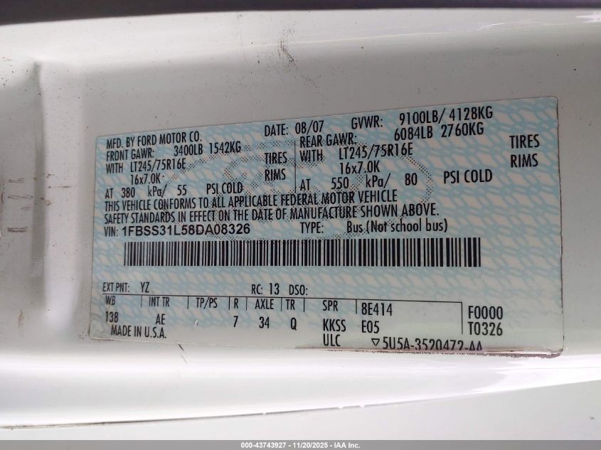 2008 Ford E-350 Super Duty VIN: 1FBSS31L58DA08326 Lot: 43743927