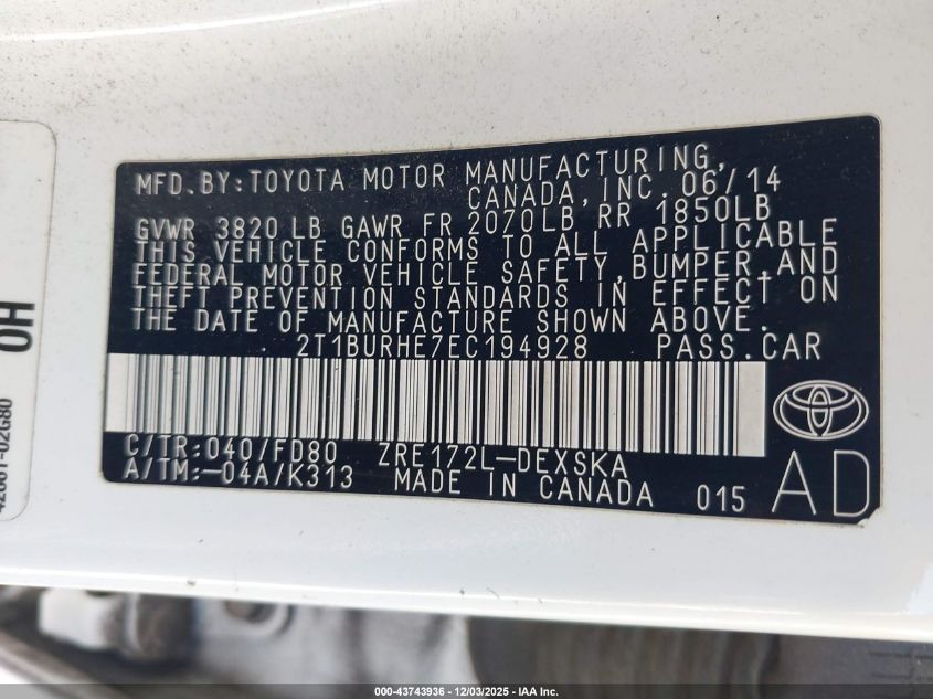 2014 Toyota Corolla S Plus VIN: 2T1BURHE7EC194928 Lot: 43743936