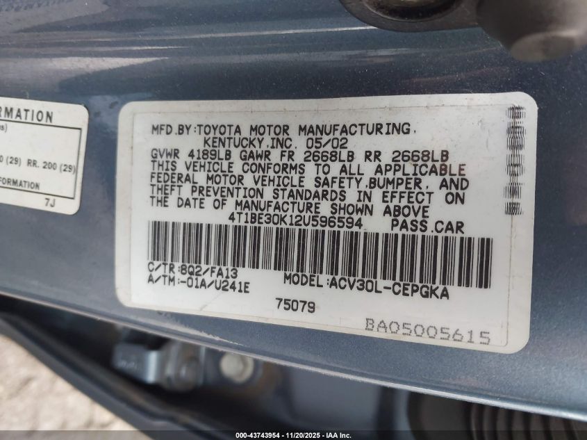 2002 Toyota Camry Xle VIN: 4T1BE30K12U596594 Lot: 43743954