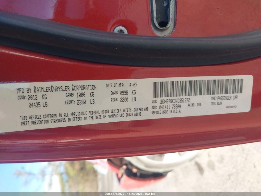 2007 Dodge Caliber R/T VIN: 1B3HB78K37D351372 Lot: 43743972