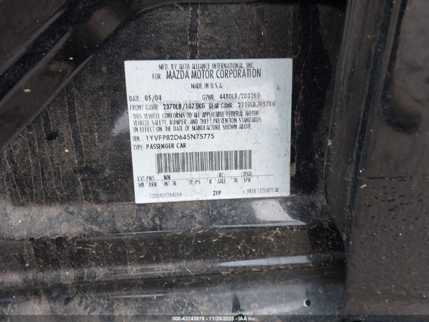 2004 Mazda Mazda6 S VIN: 1YVFP82D645N75775 Lot: 43743978