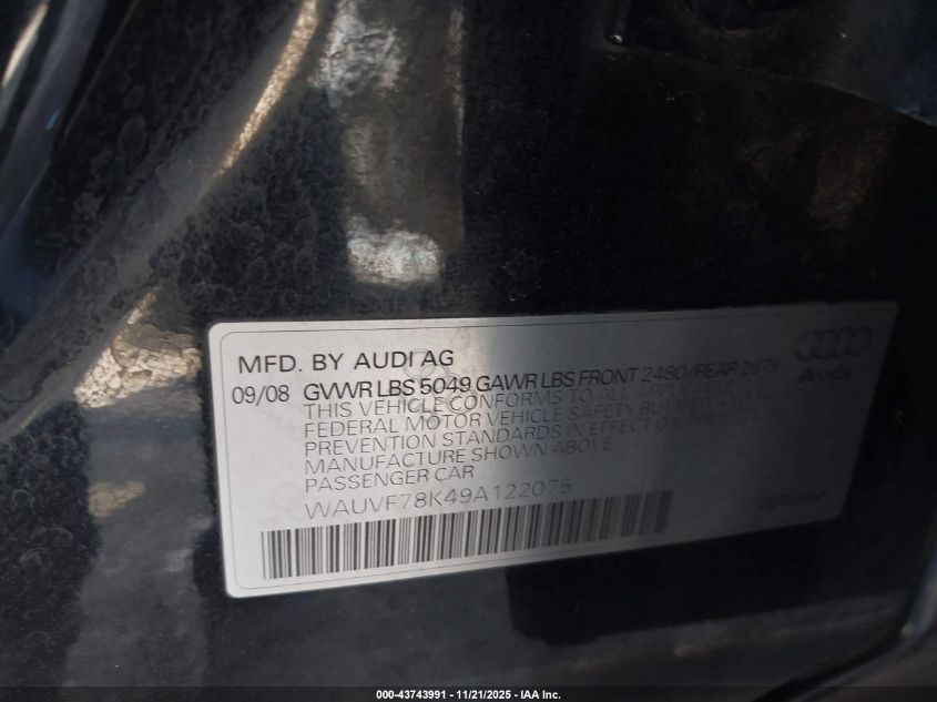 2009 Audi A4 2.0T Avant VIN: WAUVF78K49A122075 Lot: 43743991