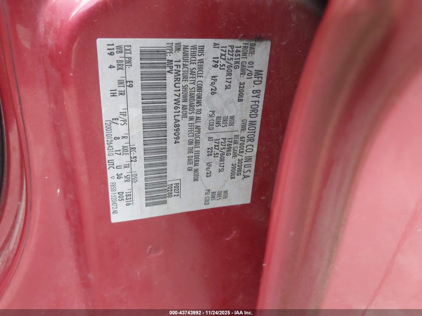 2001 Ford Expedition Eddie Bauer VIN: 1FMRU17W61LA89094 Lot: 43743992